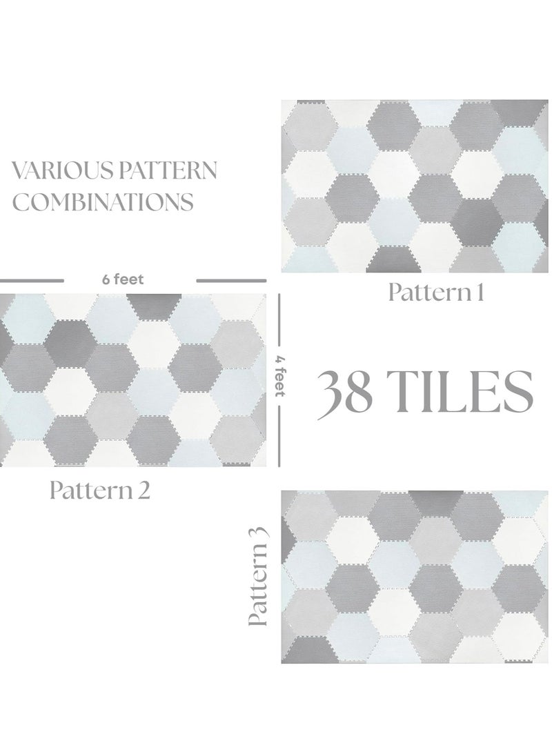 Reva - Baby Play Mat Non-Toxic Extra Thick Puzzle Exercise Mats  for Crawling, Playing- Soft EVA Interlocking Hexagon 38 Tiles Foam Flooring for Babies, Grey & White 180x120cm - Image 1