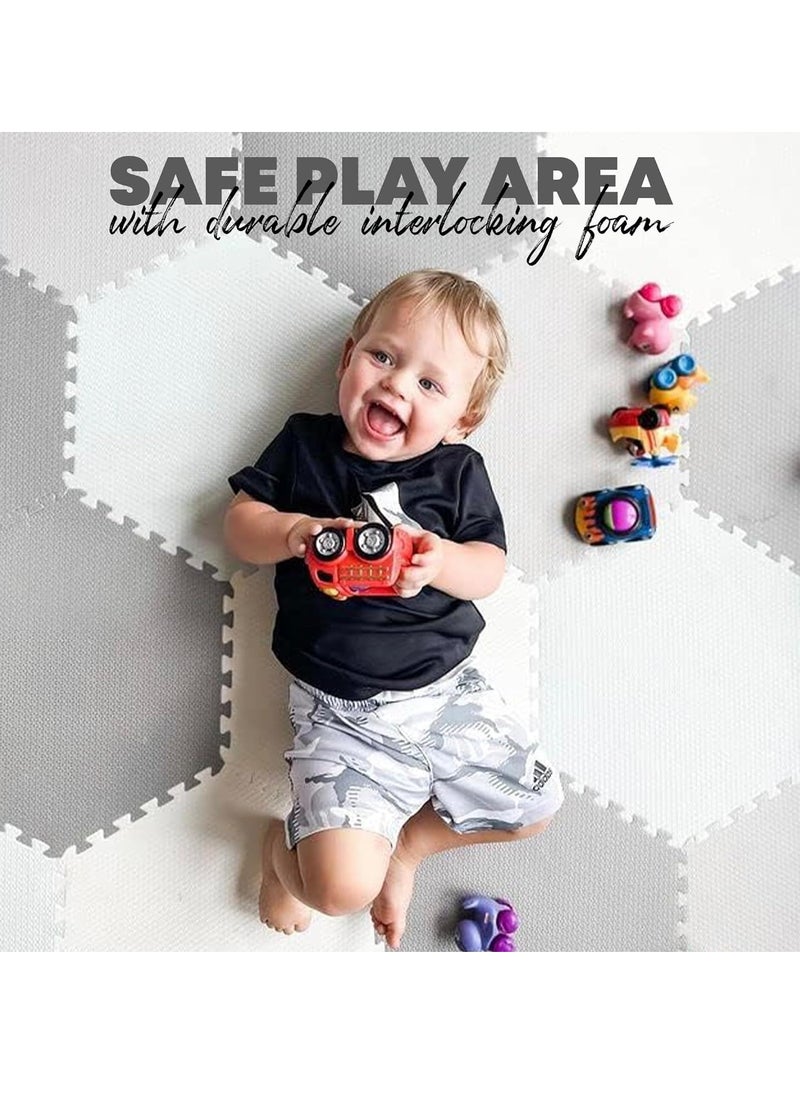 Reva - Baby Play Mat Non-Toxic Extra Thick Puzzle Exercise Mats  for Crawling, Playing- Soft EVA Interlocking Hexagon 38 Tiles Foam Flooring for Babies, Grey & White 180x120cm - Image 1