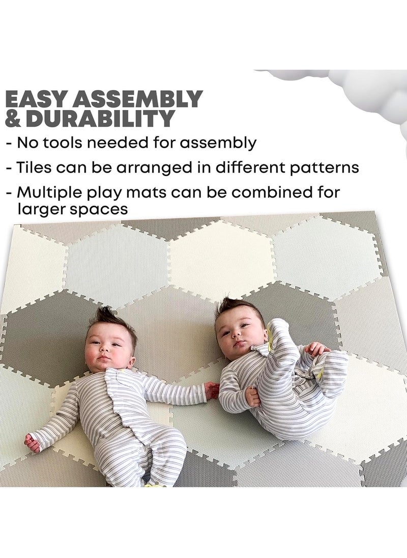 Reva - Baby Play Mat Non-Toxic Extra Thick Puzzle Exercise Mats  for Crawling, Playing- Soft EVA Interlocking Hexagon 38 Tiles Foam Flooring for Babies, Grey & White 180x120cm - Image 1