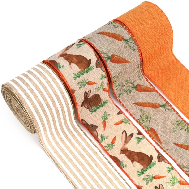 LaRibbons Easter Ribbon Wired 4 Rolls 2.5 Inch x 24 Yards TTL, Orange Carrot Bunny Ribbons for Baskets, Striped Wide Easter Ribbon for Crafts Spring Wreath Gift Wrapping Bow Decoration - Image 1