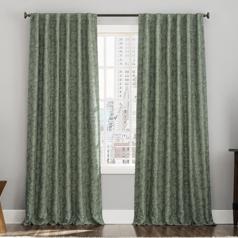Sun Zero Brookhaven 2-Pack Embroidered Floral Pleated Look 100% Blackout Back Tab Curtain Panel Pair, 50" x 96", Moss Green - Image 1