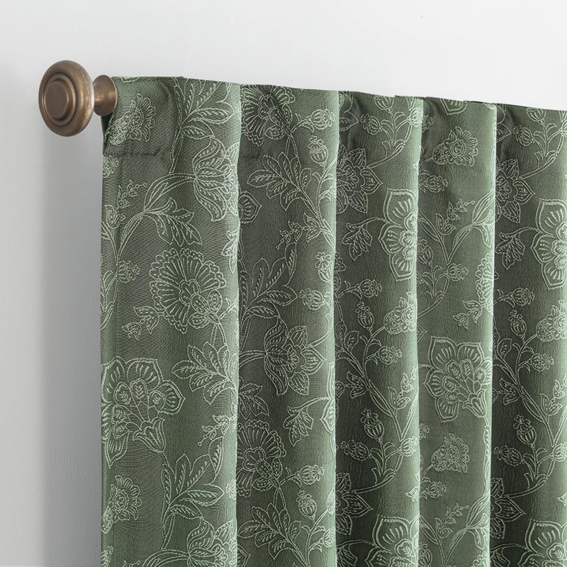 Sun Zero Brookhaven 2-Pack Embroidered Floral Pleated Look 100% Blackout Back Tab Curtain Panel Pair, 50" x 96", Moss Green - Image 3