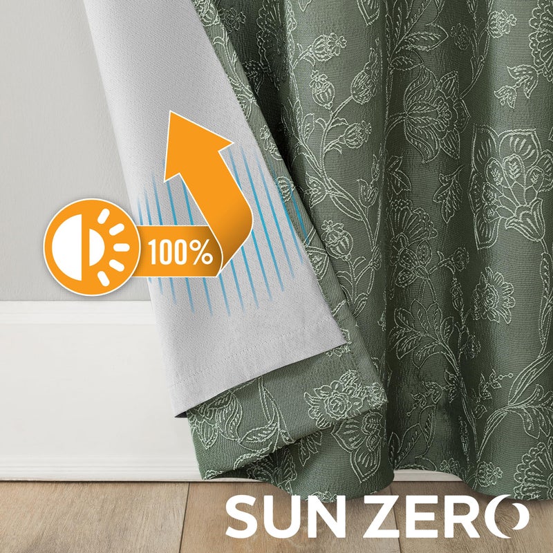 Sun Zero Brookhaven 2-Pack Embroidered Floral Pleated Look 100% Blackout Back Tab Curtain Panel Pair, 50" x 96", Moss Green - Image 5