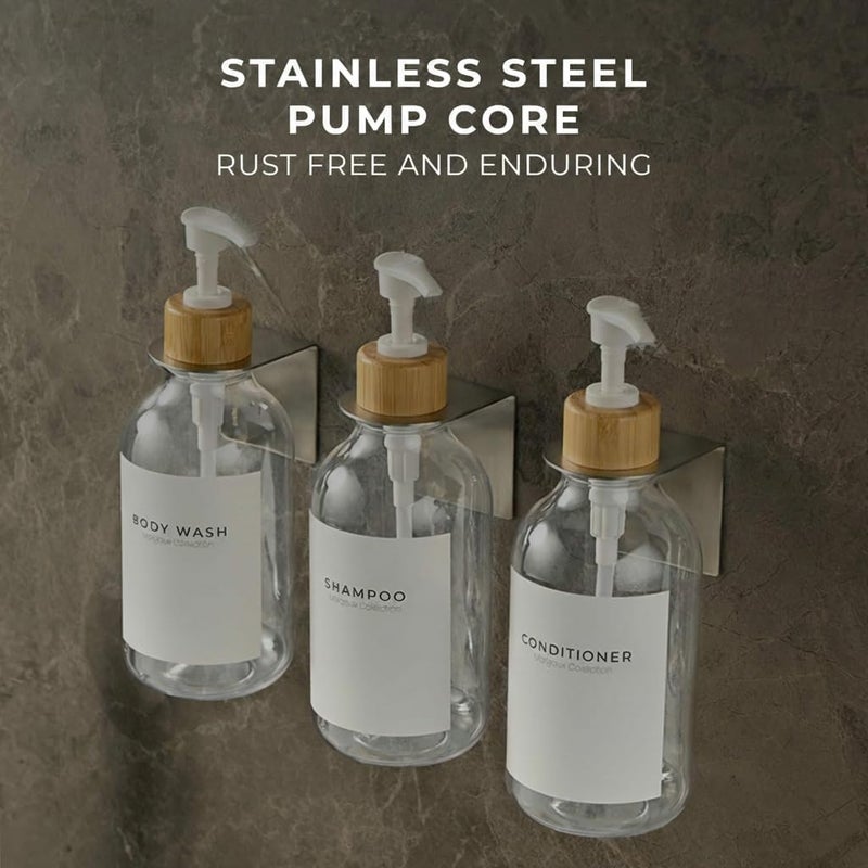KASTWAVE Wall Mounted Shampoo and Conditioner Dispenser Set - Drill-Free Transparent Soap Dispenser with White Bamboo Pumps - 16.9 oz Refillable Bathroom Bottles, Set of 3, Clear Plastic, Multi-Chamber Design - Image 4