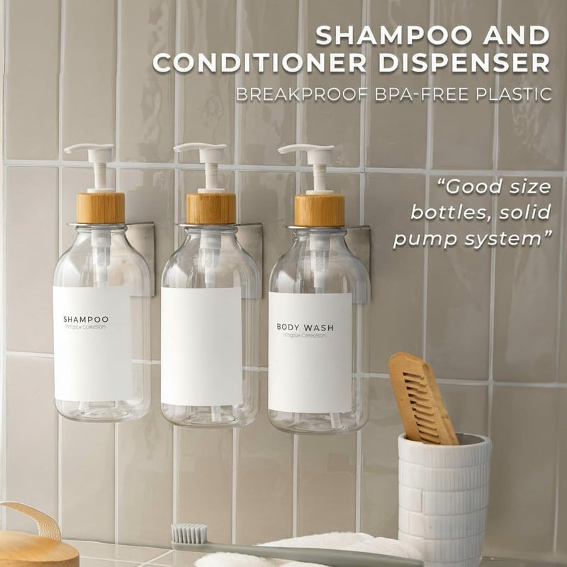 KASTWAVE Wall Mounted Shampoo and Conditioner Dispenser Set - Drill-Free Transparent Soap Dispenser with White Bamboo Pumps - 16.9 oz Refillable Bathroom Bottles, Set of 3, Clear Plastic, Multi-Chamber Design - Image 3