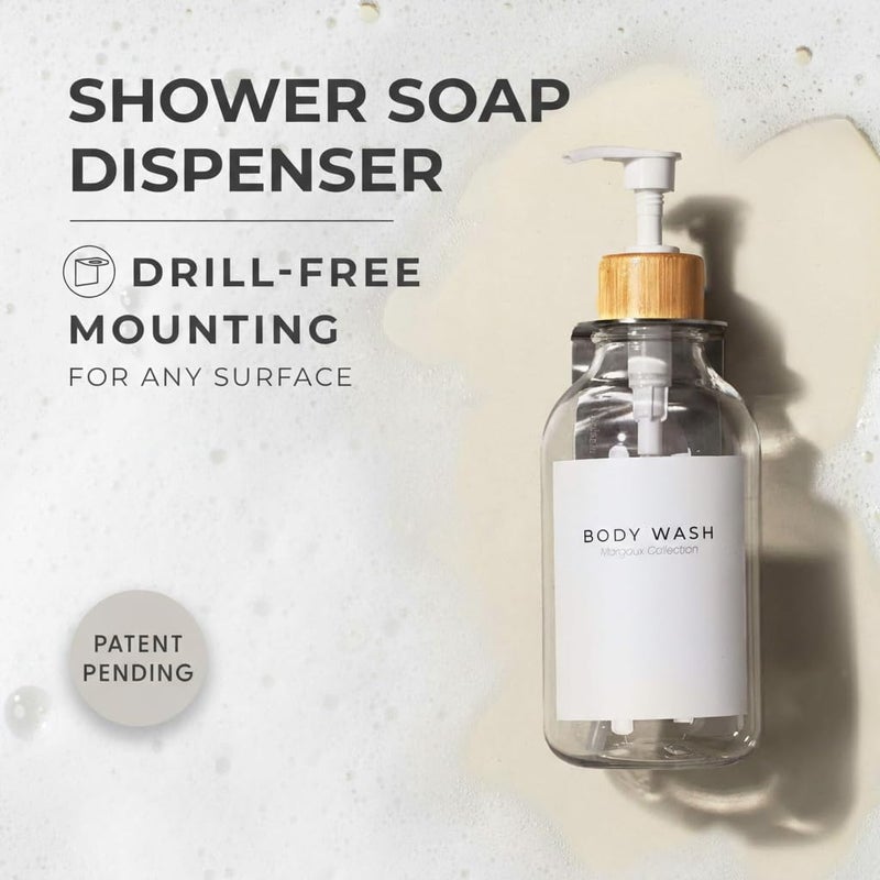 KASTWAVE Wall Mounted Shampoo and Conditioner Dispenser Set - Drill-Free Transparent Soap Dispenser with White Bamboo Pumps - 16.9 oz Refillable Bathroom Bottles, Set of 3, Clear Plastic, Multi-Chamber Design - Image 2