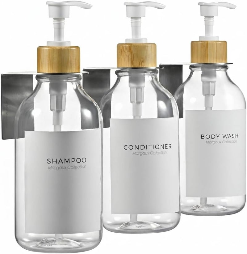 KASTWAVE Wall Mounted Shampoo and Conditioner Dispenser Set - Drill-Free Transparent Soap Dispenser with White Bamboo Pumps - 16.9 oz Refillable Bathroom Bottles, Set of 3, Clear Plastic, Multi-Chamber Design - Image 1