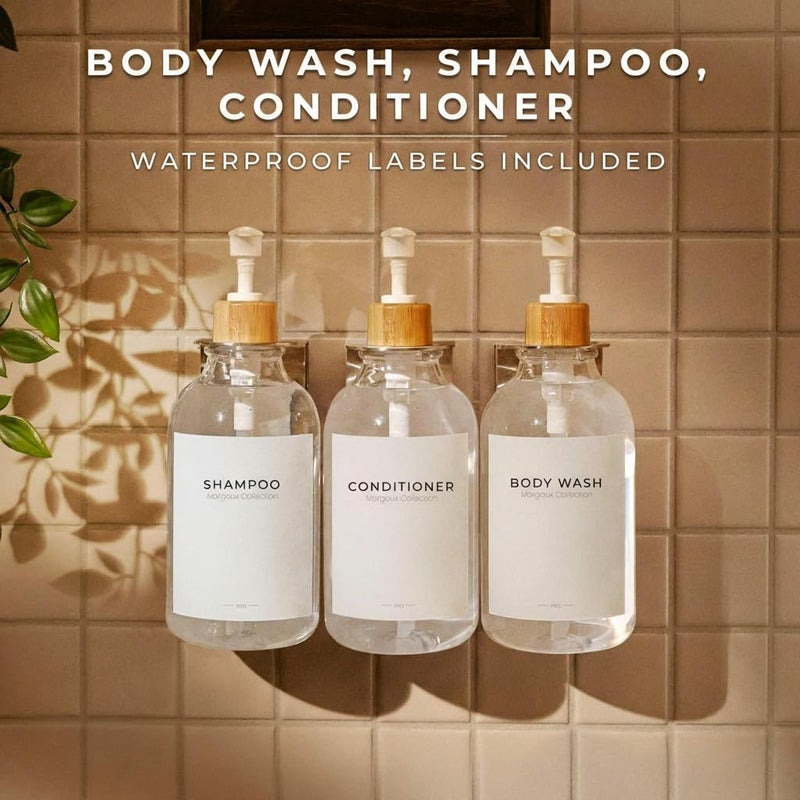 KASTWAVE Wall Mounted Shampoo and Conditioner Dispenser Set - Drill-Free Transparent Soap Dispenser with White Bamboo Pumps - 16.9 oz Refillable Bathroom Bottles, Set of 3, Clear Plastic, Multi-Chamber Design - Image 5