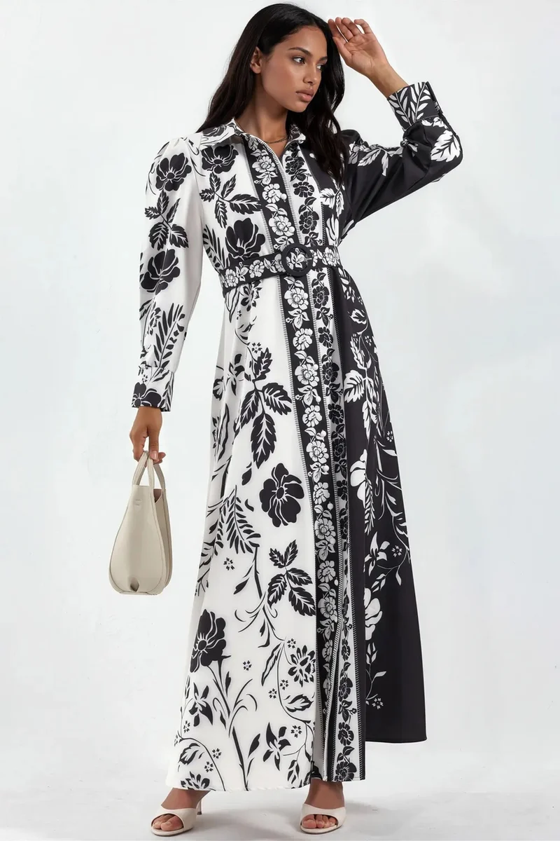 Jennyfer Floral Belted Maxi Shirt Dress