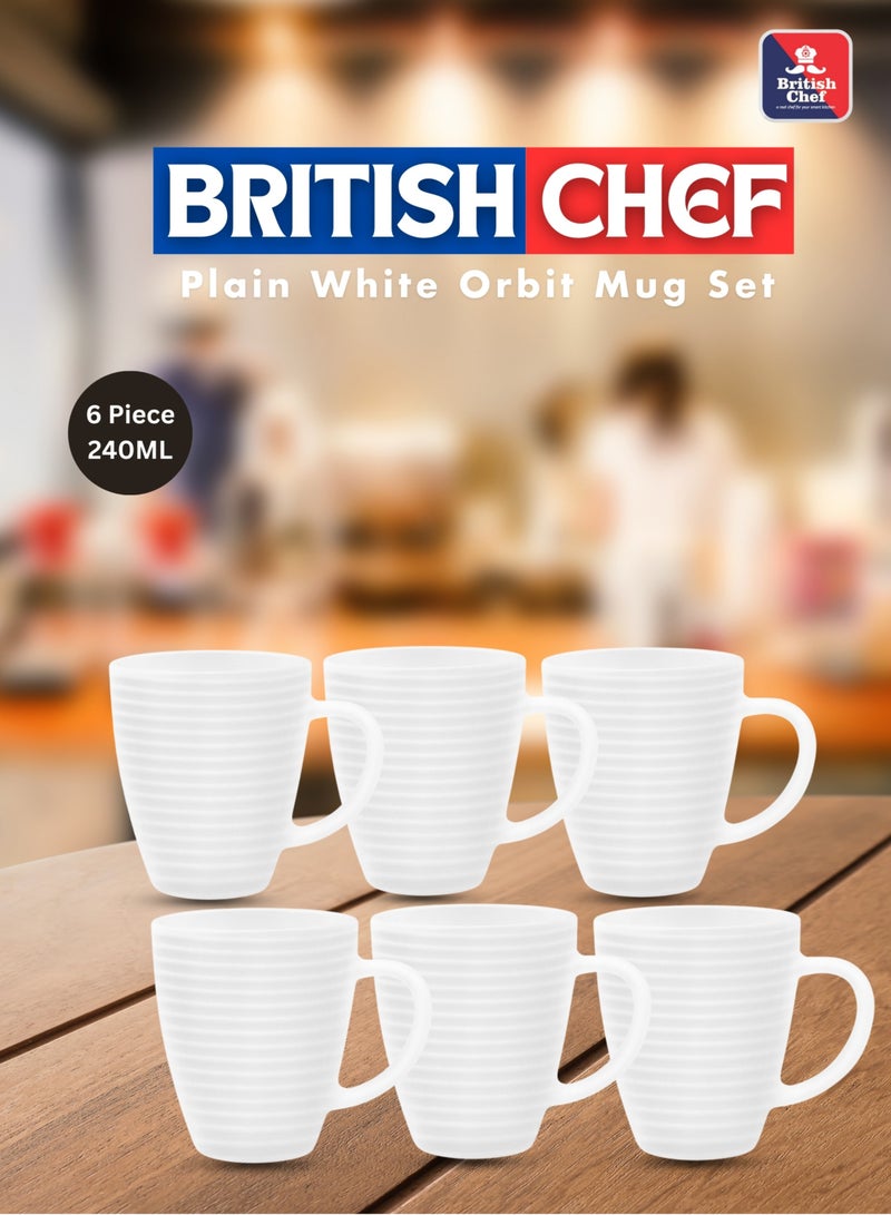 British Chef Orbit 6 Piece Plain White  Tea & Coffee Mug Set 240ML |  Microwave & Dishwasher Safe | Freeze Resistant - Image 1