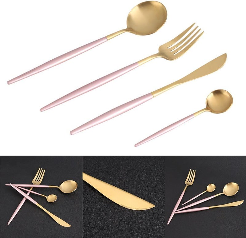 Luxafare 4 PCs Golden Cutlery Spoon Set Flatware Including 1 Fork 1 Table Spoon 1 Dessert Spoon and 1 Knife Dinner Set Utensils Set Pink - Image 4