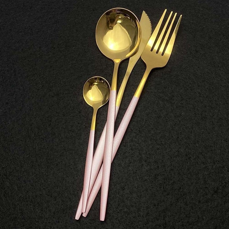 Luxafare 4 PCs Golden Cutlery Spoon Set Flatware Including 1 Fork 1 Table Spoon 1 Dessert Spoon and 1 Knife Dinner Set Utensils Set Pink - Image 5