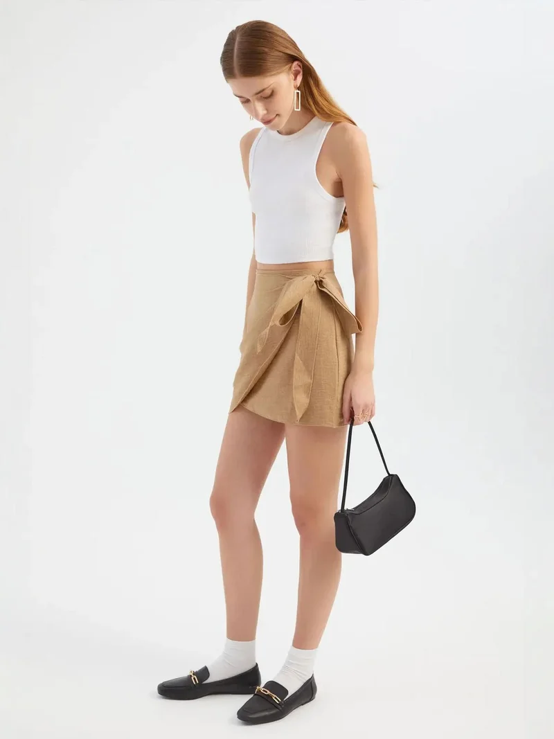 HICCUP Linen High Waist Wrap Tie Side Mini Skirt