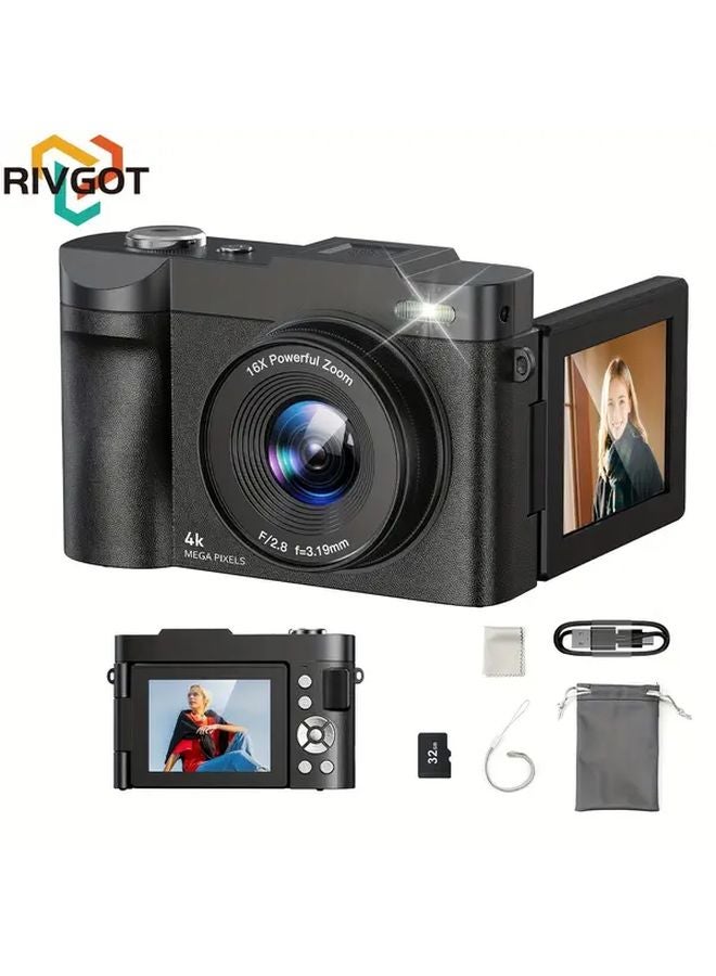 4K Digital Camera 50MP Vlogging Camera 16x Zoom 180 Flip Screen Auto Focus Black - Image 2