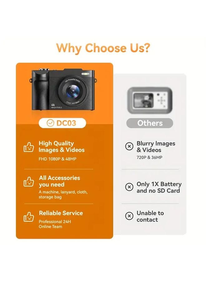 4K Digital Camera 50MP Vlogging Camera 16x Zoom 180 Flip Screen Auto Focus Black - Image 5