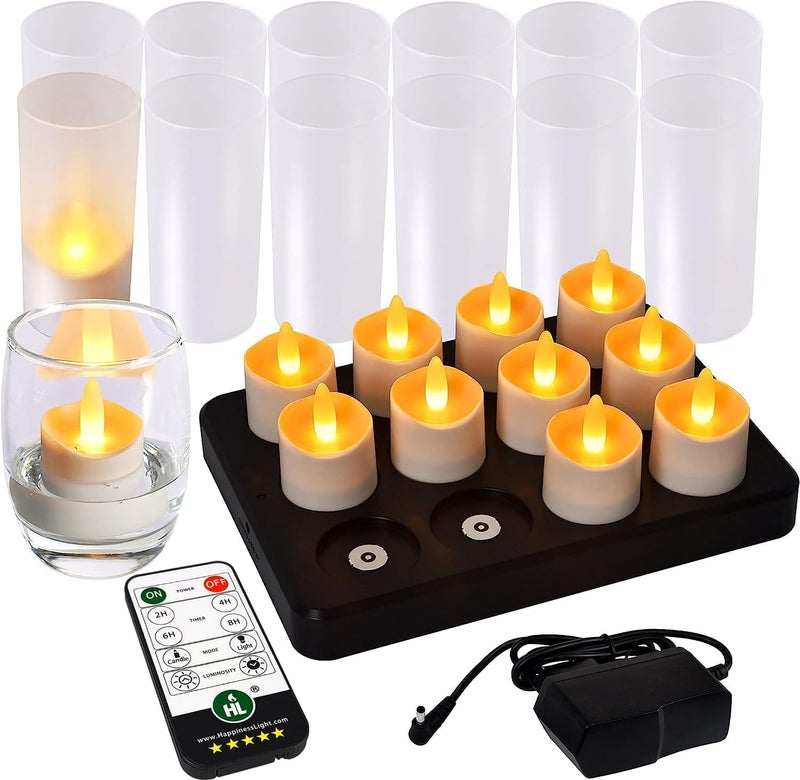 HL Flameless Candles with Remote Timer, 100+Hours Rechargeable Waterproof Battery Operated Tea Lights with Charging Base, Yellow LED Votive Floating Candles for Festival Wedding Home Party Decor-12pc - Image 1
