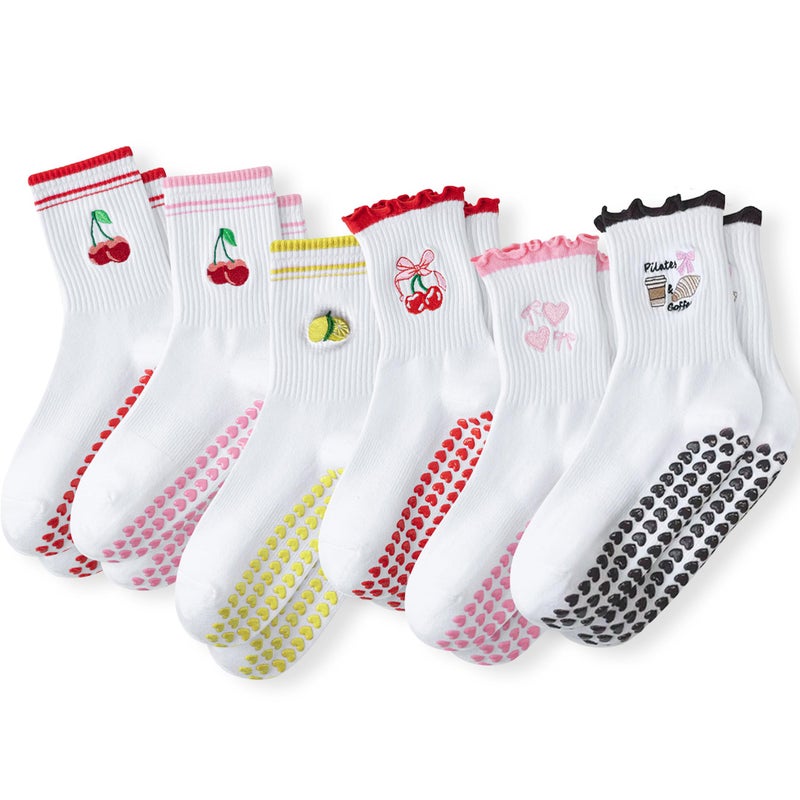 DZSoCoki Grip Socks Pilates,4/6Pairs Cotton Cute Pilates Socks for Women, Ruffle Grippy Sock for Yoga Barre Hospital 5-10in (6PairsFruit-2Pink+2Red+1Yellow+1Brown) - Image 1