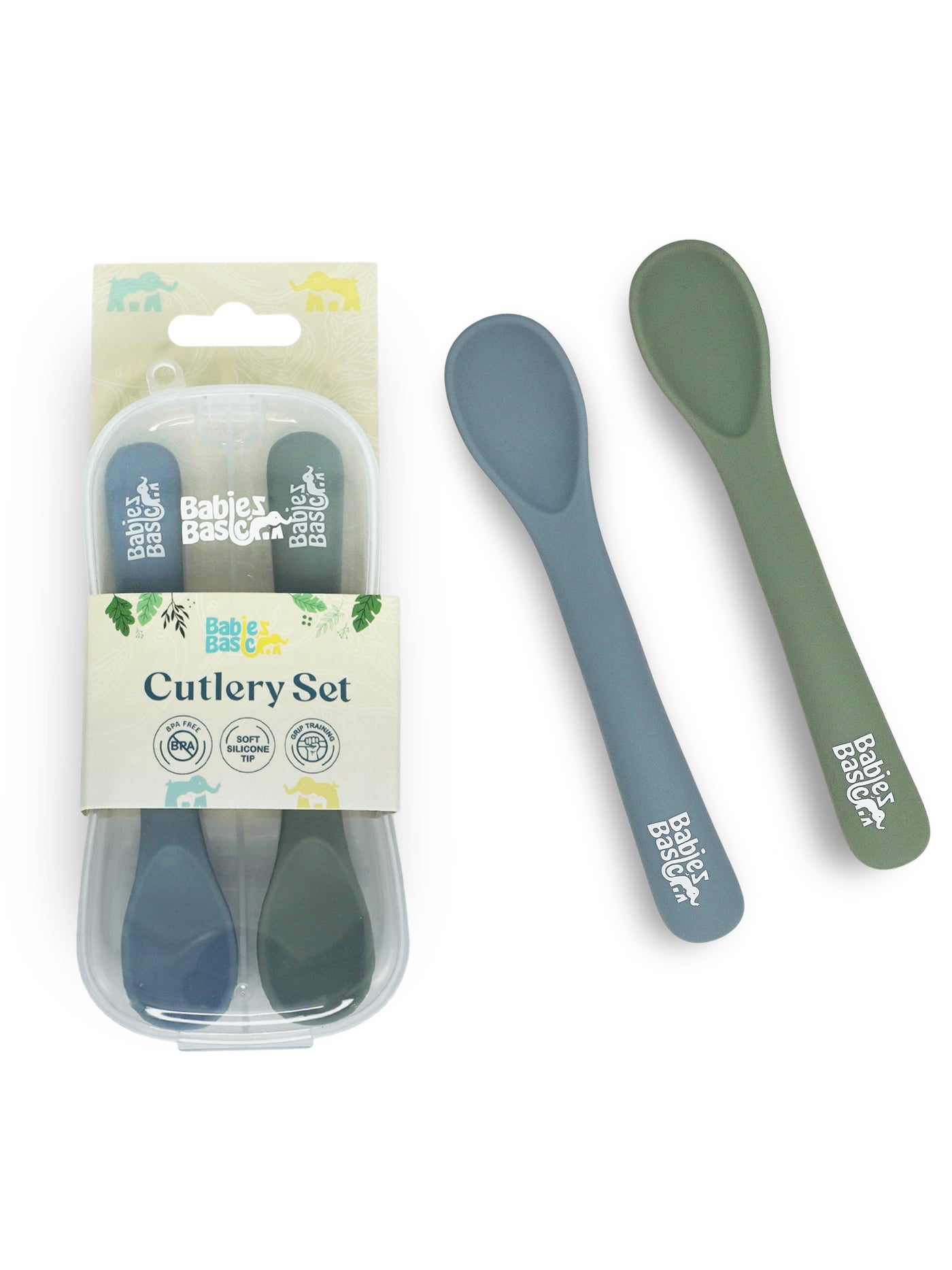 Babies Basic Flexible Silicone Spoon Set with travel case for kids, Indigo and Green