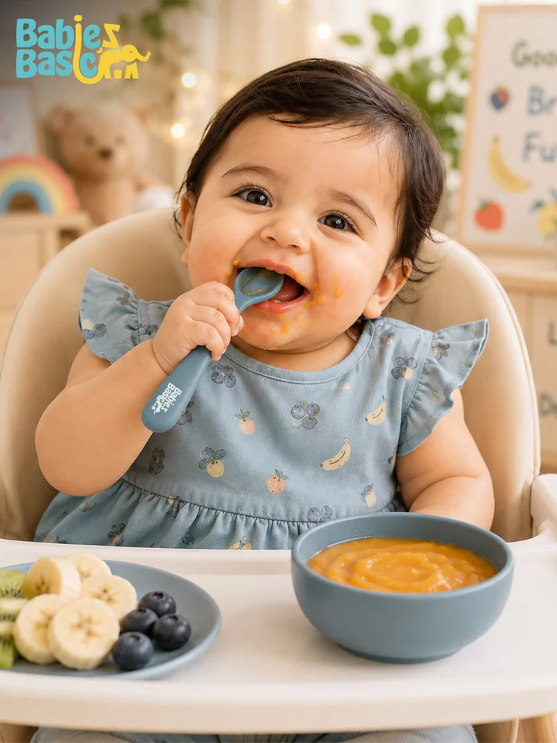 Babies Basic Babies Basic Flexible Silicone Spoon Set with travel case for kids, Indigo and Green