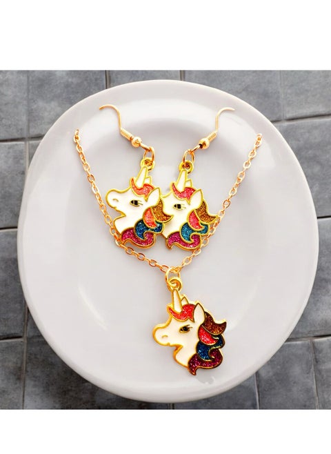 An accessory set consisting of earrings and a necklace. The set features a cute and playful unicorn design.