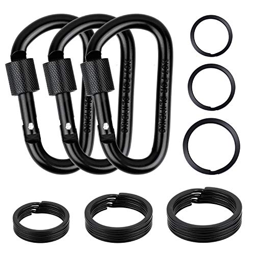 cridoz Carabiner Keychain Clip Hook, Cridoz 3pcs Locking Carabiner D Ring Clips with 9pccs Black Flat Key Ring for Water Bottles, Dog Tags and Car Keys (Assorted Sizes) - Image 1