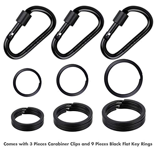 cridoz Carabiner Keychain Clip Hook, Cridoz 3pcs Locking Carabiner D Ring Clips with 9pccs Black Flat Key Ring for Water Bottles, Dog Tags and Car Keys (Assorted Sizes) - Image 5