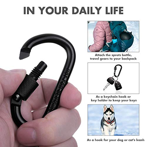 cridoz Carabiner Keychain Clip Hook, Cridoz 3pcs Locking Carabiner D Ring Clips with 9pccs Black Flat Key Ring for Water Bottles, Dog Tags and Car Keys (Assorted Sizes) - Image 2