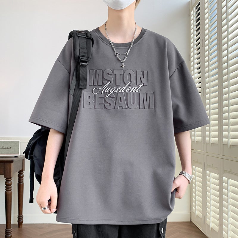 Steel-Printed Letter Printing Trendy Short-Sleeved T-Shirt Men'S Instagram Style Summer Shoulder Thin Breathable Retro Loose Casual Top - Image 1