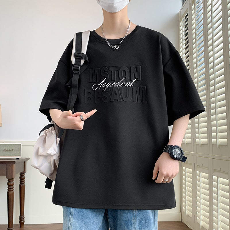 Steel-Printed Letter Printing Trendy Short-Sleeved T-Shirt Men'S Instagram Style Summer Shoulder Thin Breathable Retro Loose Casual Top - Image 4