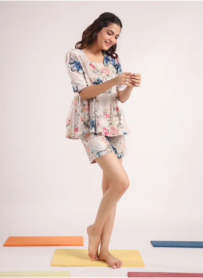 sanskrutihomes Sanskrutihomes Floral Printed Pure Cotton Top and Shorts Set