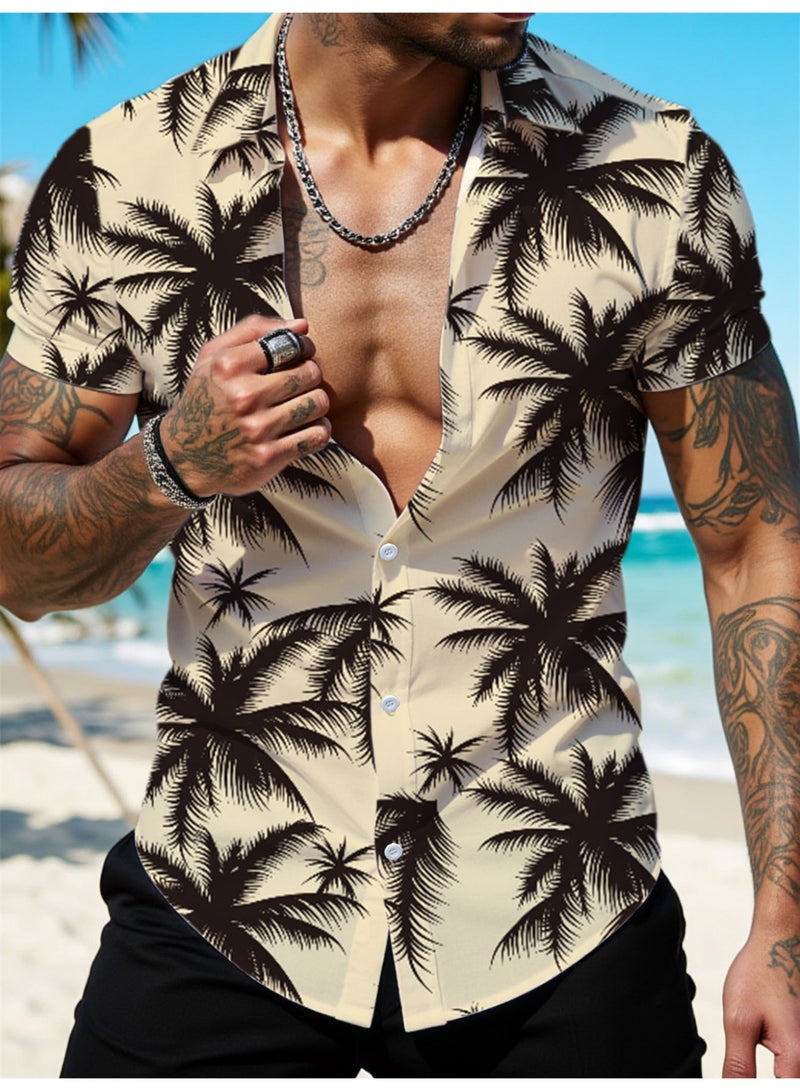 payanwin Men's Beige Hawaiian Palm Tree Shirt Short Sleeve Button Down, Tropical Print Casual Summer Beach Vacation Resort Shirt for Men - Image 1