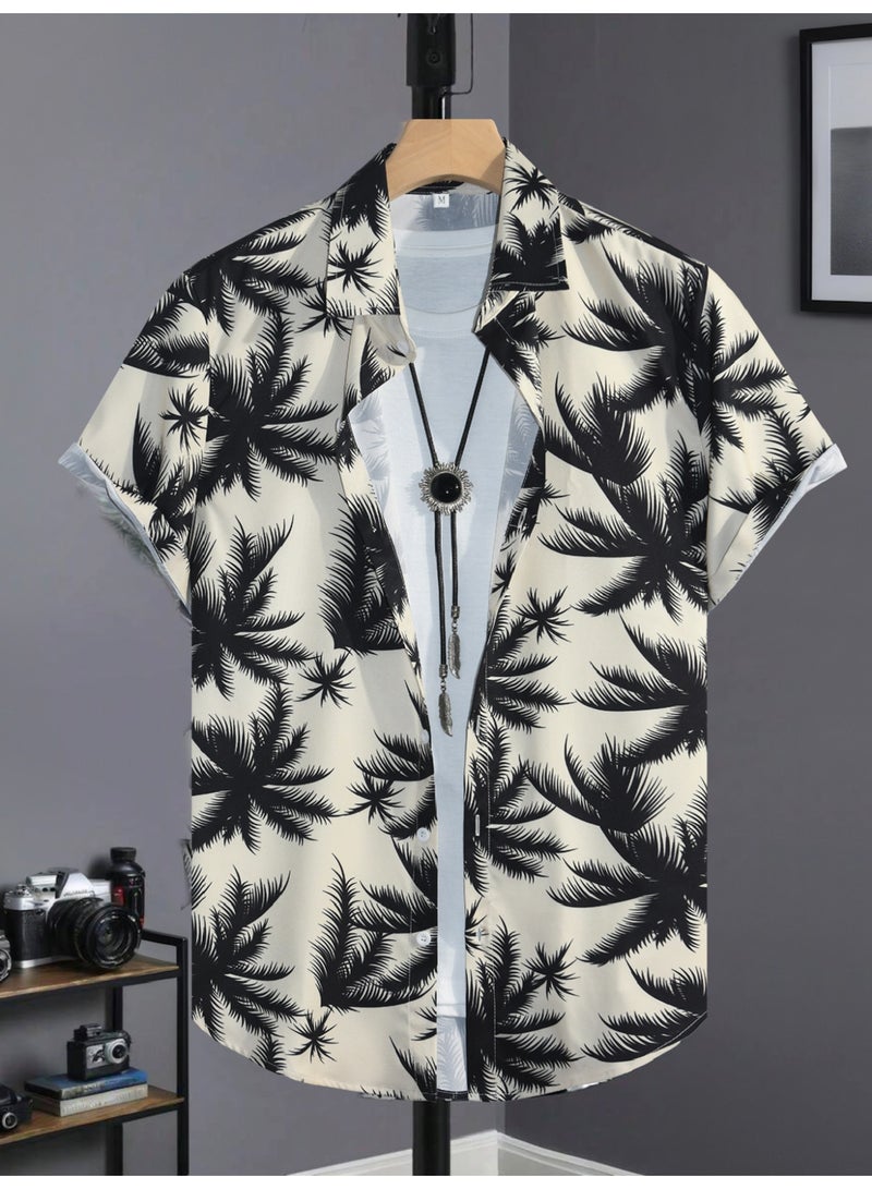 payanwin Men's Beige Hawaiian Palm Tree Shirt Short Sleeve Button Down, Tropical Print Casual Summer Beach Vacation Resort Shirt for Men - Image 2