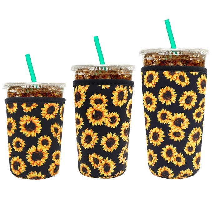 REUSABLE NEOPRENE INSULATOR SLEEVE FOR ICED COFFEE CUPS 3 PACK COFFEE COOLIES SLEEVES FOR ICED HOT DRINKS COLD BEVERAGE COOLER COMPATIBLE WITH STARBUCKS DUNKIN COFFEE AND MORE SUNFLOWER
