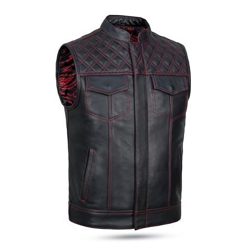 Leatherick Mens Black Motorcycle Vests - Top Grain Cow Leather SOA Club & Traditional Paisley Satin Liner Leather Biker Vests - Image 1