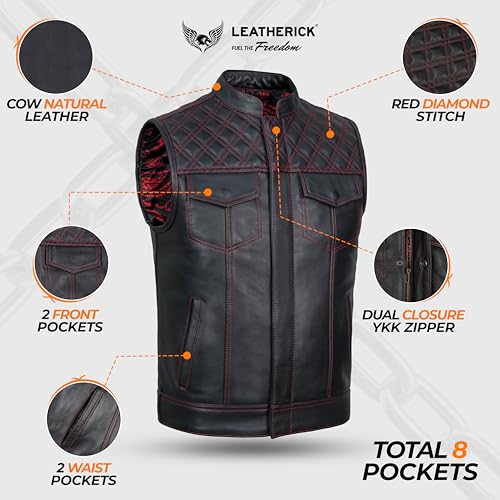 Leatherick Mens Black Motorcycle Vests - Top Grain Cow Leather SOA Club & Traditional Paisley Satin Liner Leather Biker Vests - Image 4