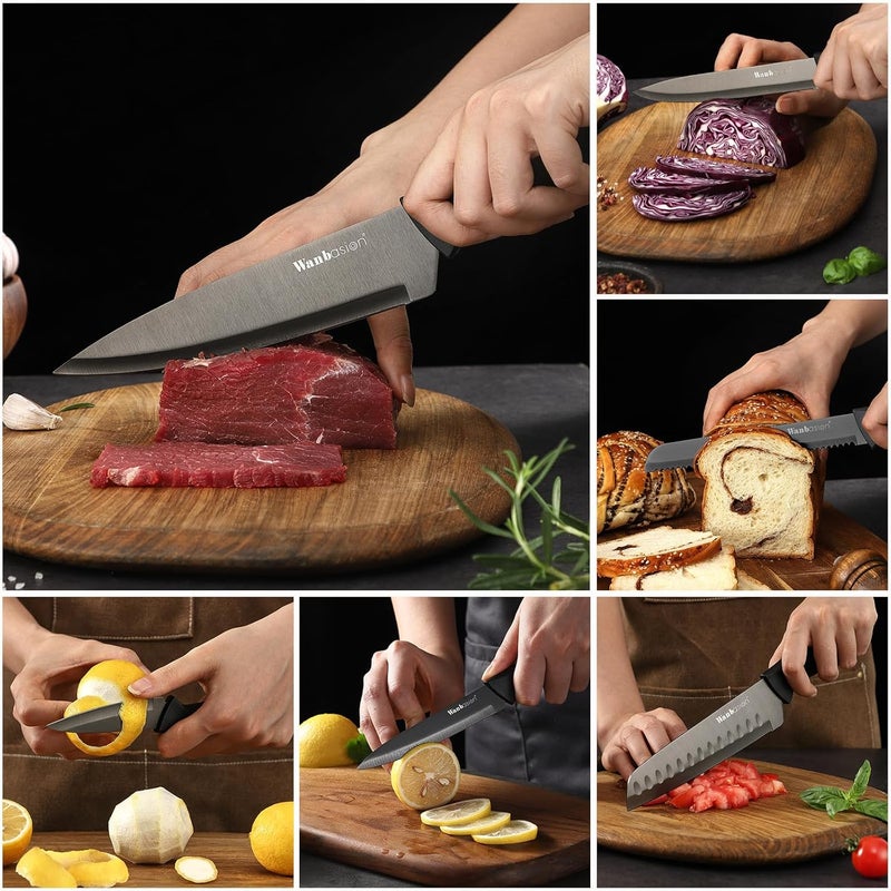 Wanbasion Black Professional Kitchen Knife Chef Set, Stainless Steel, Dishwasher Safe with Sheathes - Image 5