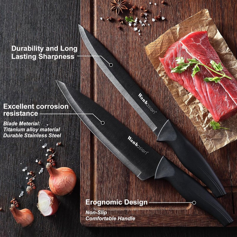 Wanbasion Black Professional Kitchen Knife Chef Set, Stainless Steel, Dishwasher Safe with Sheathes - Image 4