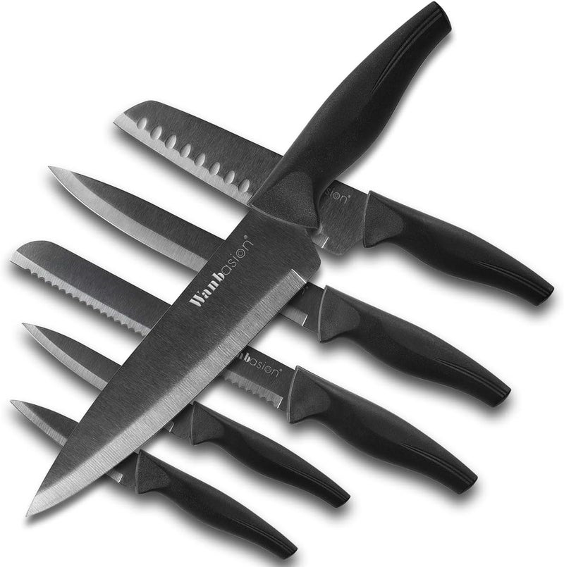 Wanbasion Black Professional Kitchen Knife Chef Set, Stainless Steel, Dishwasher Safe with Sheathes - Image 1