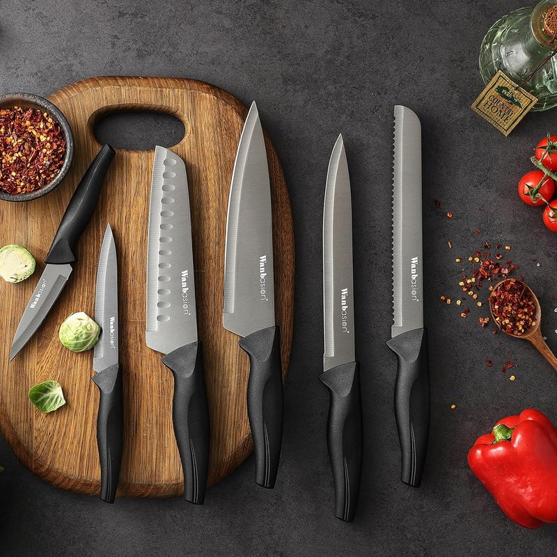 Wanbasion Black Professional Kitchen Knife Chef Set, Stainless Steel, Dishwasher Safe with Sheathes - Image 2