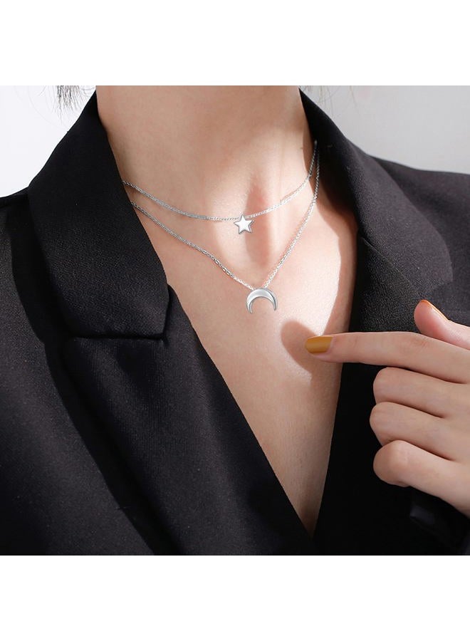 FLYOW Moon Star Layered Choker Necklace S925 Sterling Silver Star Moon Pendant Jewelry Adjustable Clavicle Necklace for Women Birthday Gifts (Moon⋆) - Image 2