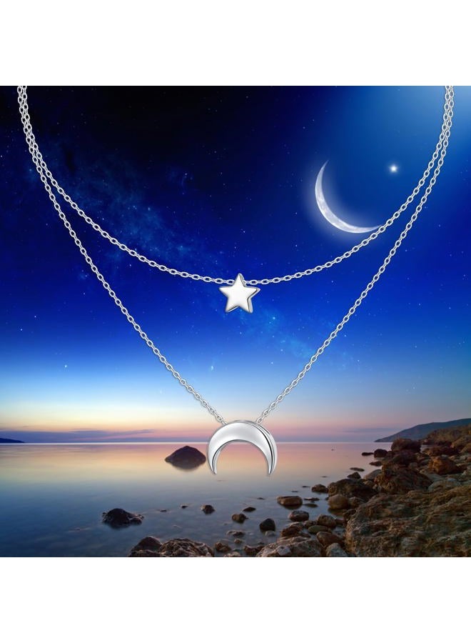 FLYOW Moon Star Layered Choker Necklace S925 Sterling Silver Star Moon Pendant Jewelry Adjustable Clavicle Necklace for Women Birthday Gifts (Moon⋆) - Image 3