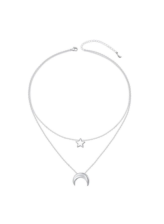 FLYOW Moon Star Layered Choker Necklace S925 Sterling Silver Star Moon Pendant Jewelry Adjustable Clavicle Necklace for Women Birthday Gifts (Moon⋆) - Image 1