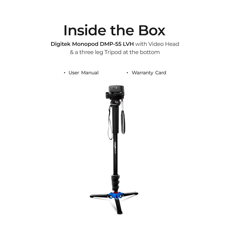 Digitek ® (DMP 55 LVH) monopod قابل للطي بطول 1600 مم مع رأس فيديو وقاعدة أرجل ثلاثية، 3 كجم أقصى حمولة، تصميم 4 أقسام، قبضة سهلة، لقطات بانورامية بدون جهد - مثالي للسفر وتصوير الفيديو في الأماكن المغلقة/في الهواء الطلق - Image 2