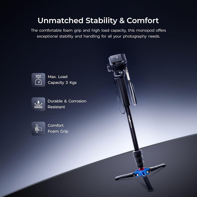 Digitek ® (DMP 55 LVH) monopod قابل للطي بطول 1600 مم مع رأس فيديو وقاعدة أرجل ثلاثية، 3 كجم أقصى حمولة، تصميم 4 أقسام، قبضة سهلة، لقطات بانورامية بدون جهد - مثالي للسفر وتصوير الفيديو في الأماكن المغلقة/في الهواء الطلق - Image 5