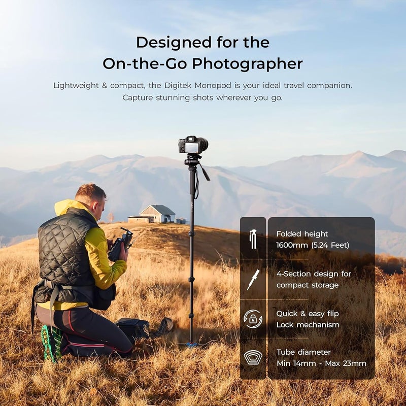Digitek ® (DMP 55 LVH) monopod قابل للطي بطول 1600 مم مع رأس فيديو وقاعدة أرجل ثلاثية، 3 كجم أقصى حمولة، تصميم 4 أقسام، قبضة سهلة، لقطات بانورامية بدون جهد - مثالي للسفر وتصوير الفيديو في الأماكن المغلقة/في الهواء الطلق - Image 4