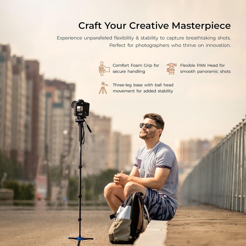 Digitek ® (DMP 55 LVH) monopod قابل للطي بطول 1600 مم مع رأس فيديو وقاعدة أرجل ثلاثية، 3 كجم أقصى حمولة، تصميم 4 أقسام، قبضة سهلة، لقطات بانورامية بدون جهد - مثالي للسفر وتصوير الفيديو في الأماكن المغلقة/في الهواء الطلق - Image 3