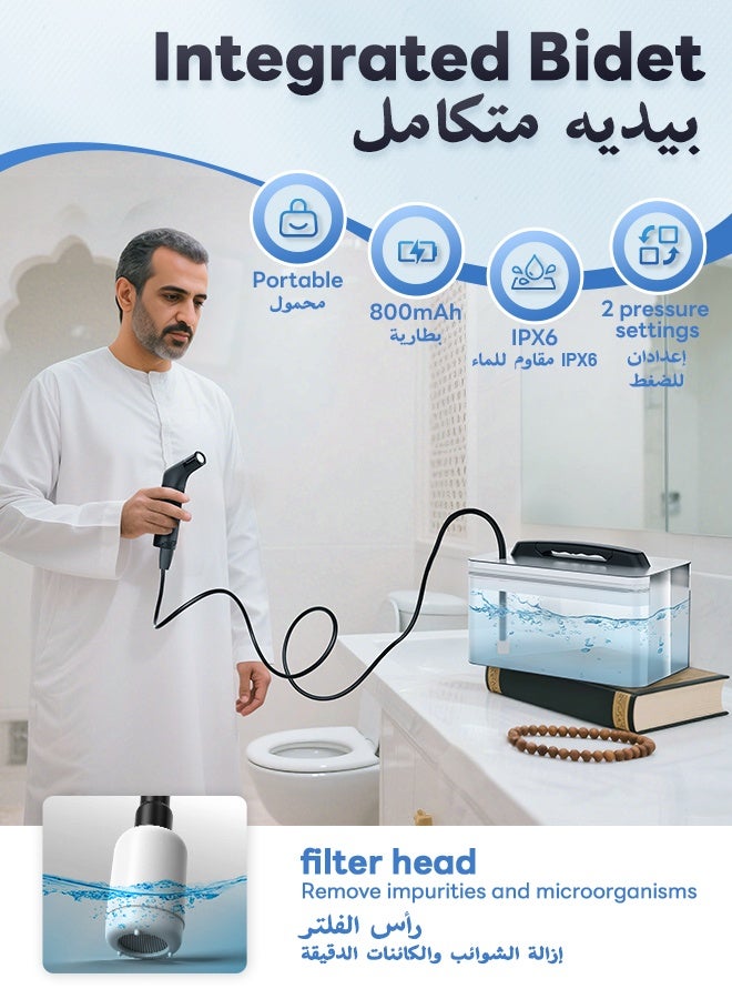 نفس بيديه سفر محمول، بيديه كهربائي قابل لإعادة الشحن، بخاخ بيديه محمول مع خزان مياه سعة 2.3 لتر وخرطوم بطول 1.2 متر للتنظيف الصحي، المرحاض، الحمام، التخييم في الهواء الطلق - Image 2