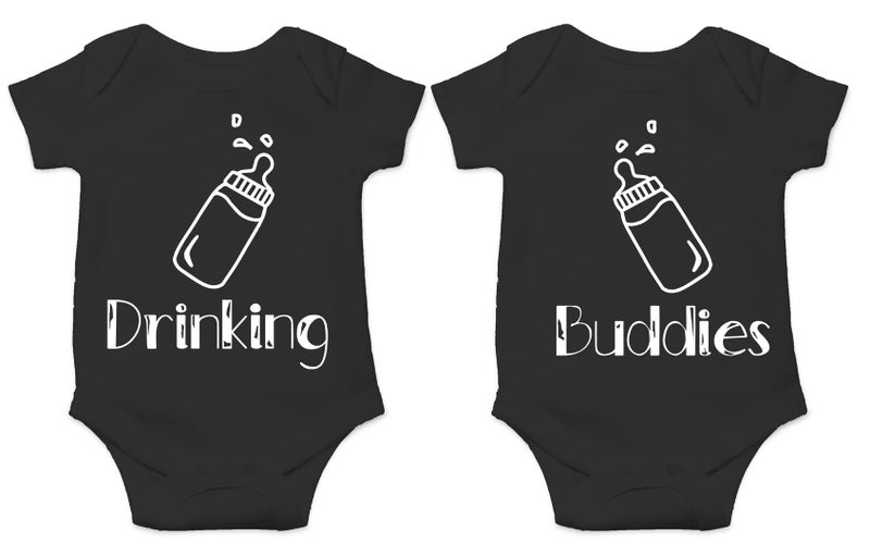 CBTwear Drinking Buddies - Matching Twin Babies - Baby Clothes - Funny Newborn Bodysuit Outfits for Boys and Girls (Newborn, Black) - Image 1