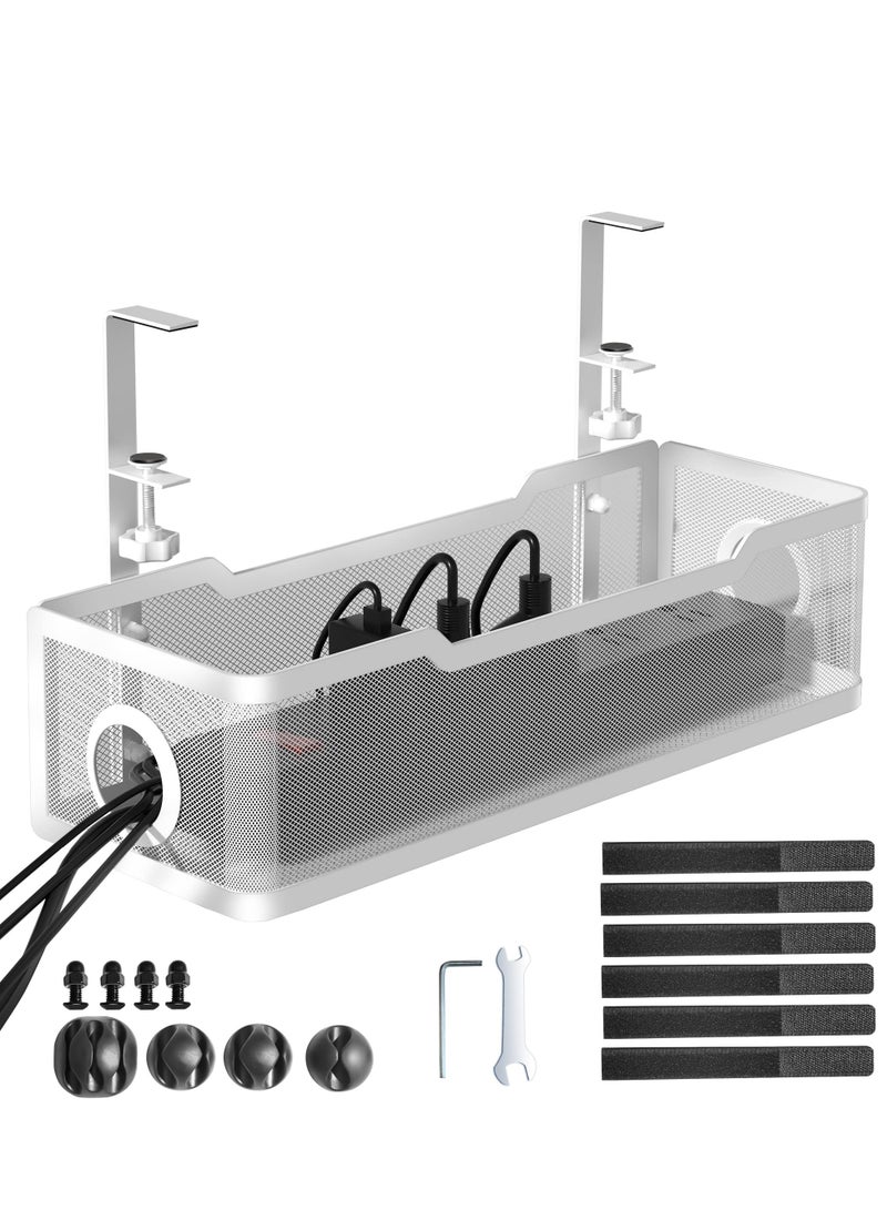 Under Desk Cable Management Tray, Cable Organiser Box with Clamp, No Drill Installation-White  - Image 1
