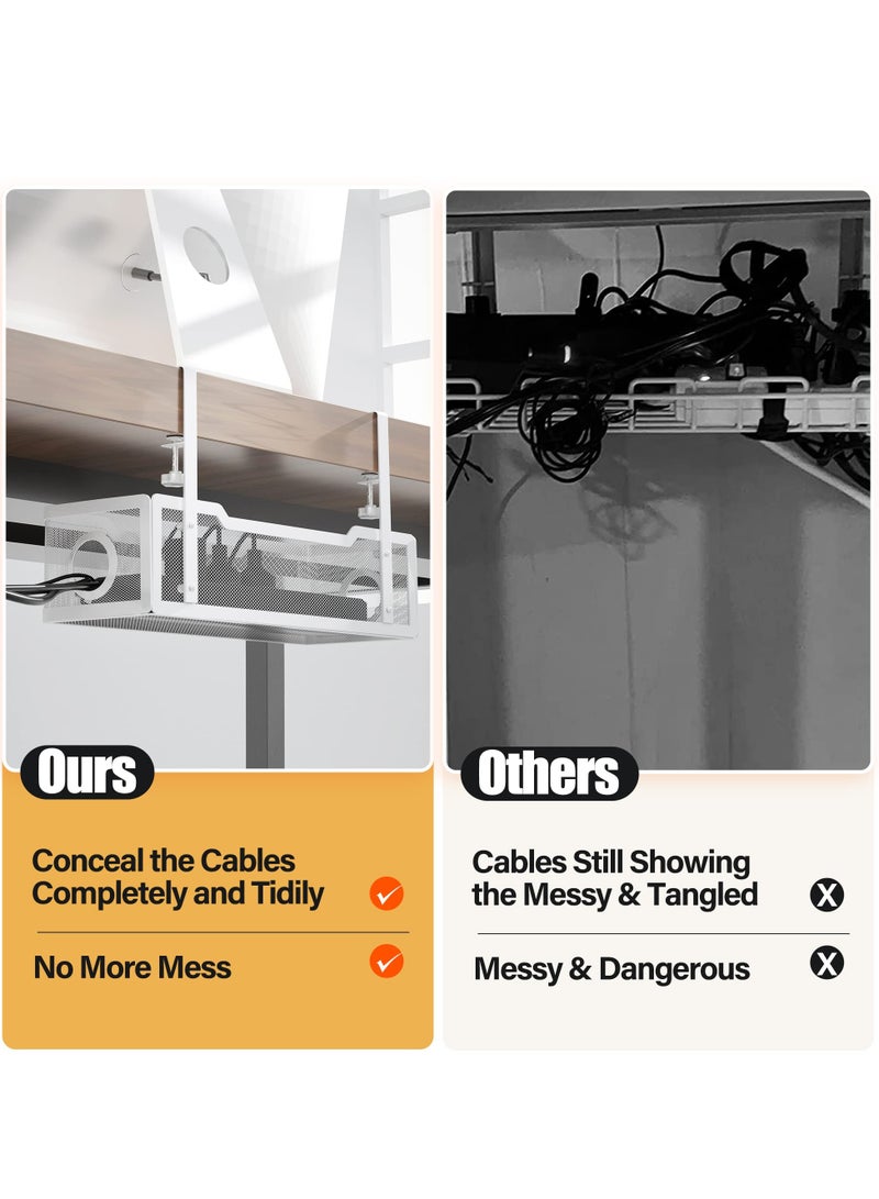 Under Desk Cable Management Tray, Cable Organiser Box with Clamp, No Drill Installation-White  - Image 2